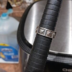 Signed 925 MWS Thailand 7mm Wide Heart Band Oxidized Sterling Ring. Size 6.5